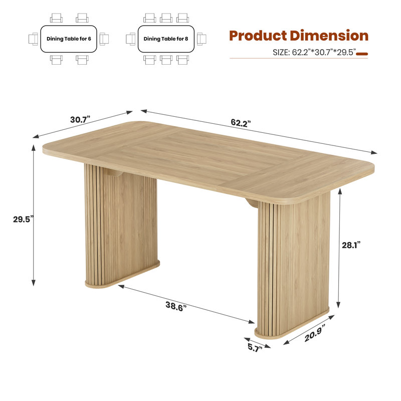 62" Long Dining Table for 6, Farmhouse Kitchen Table with Heavy Duty Fluted Base, Extra-Thickened Tabletop, for Conference Room, Dining, Office,Oak Color