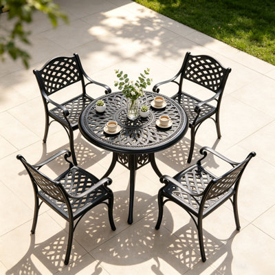 Ensemble de salle à manger 5 pièces pour patio, table de salle à manger d'extérieur avec 4 chaises, ensemble de salle à manger d'extérieur en fonte d'aluminium, ensemble de table de patio avec trou de parasol 1,97 po pour jardin et porche, noir