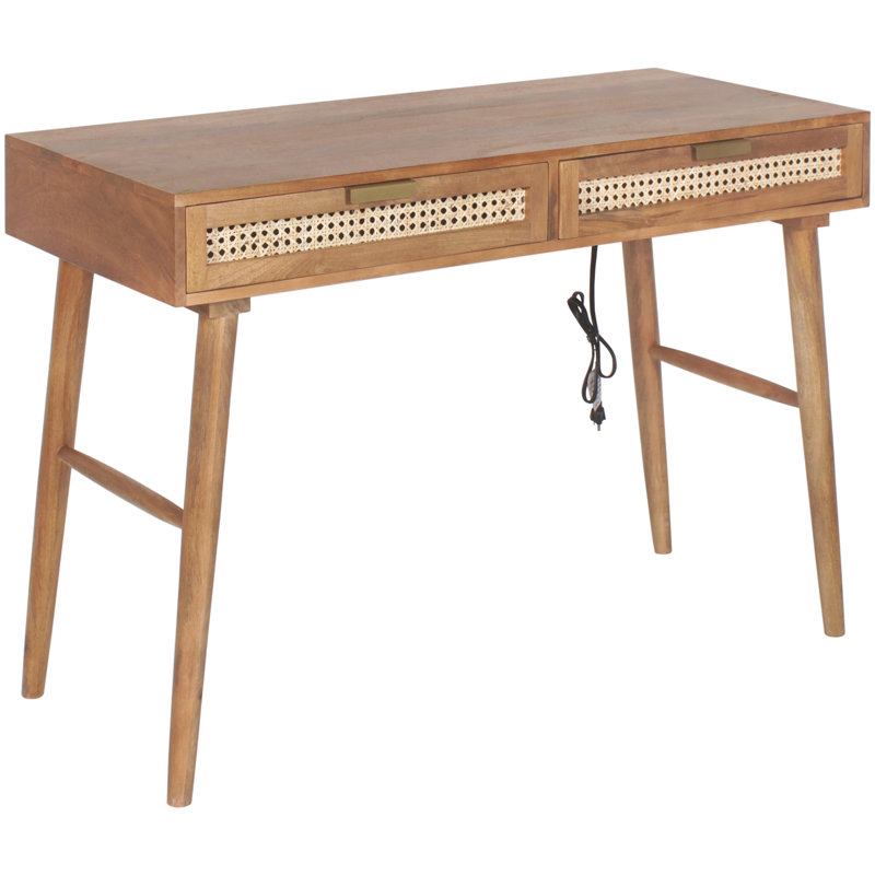 Natural Acacia Wood Desk with Cane Drawers and Built-in Power Outlet