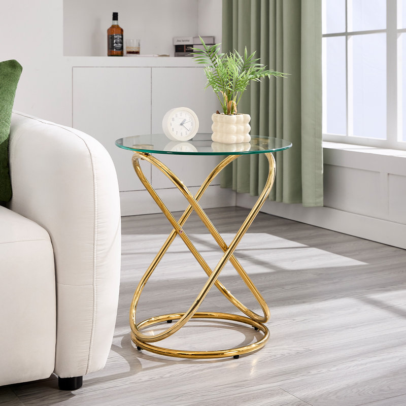 Jefre Tempered Glass Top End Table with Plated Metal Base, Gold