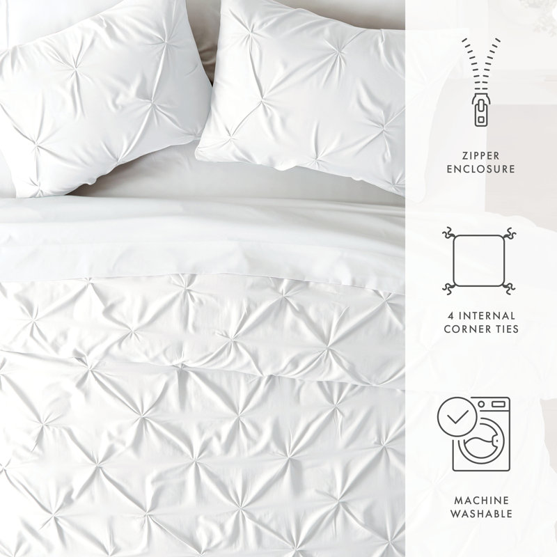 Ensemble de housse de couette texturée Pinch Pleat, Housse de couette grand et 2 taies décoratives, Blanc