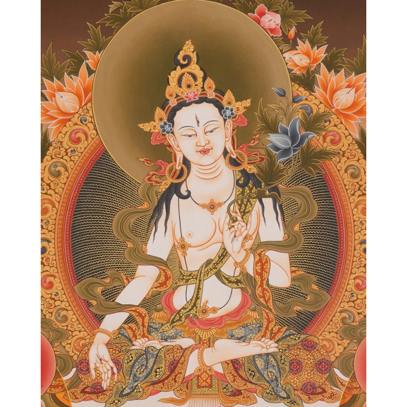 White Tara Thangka (Brocadeless Thangka) | 24 Carat Gold, Gouache & Acrylic Colours On Cotton Canvas