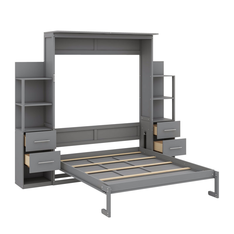 Système mural pour grand lit escamotable avec tablettes, tiroirs et éclairage intégré, Gris