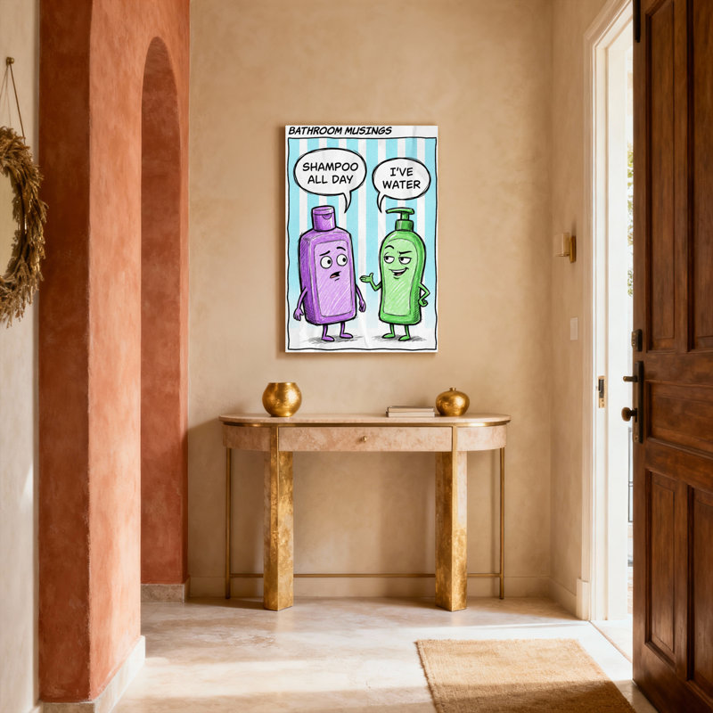 Impression sur toile tendue pour salle de bain, shampooing et bouteille d'eau, H 18 po x l 12 po