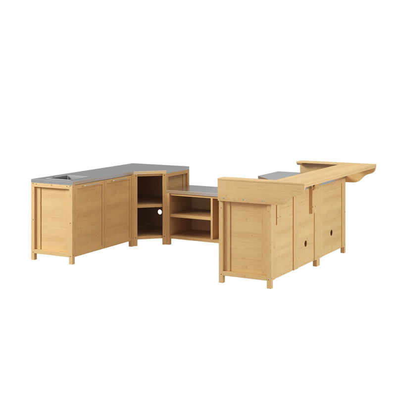 Ensemble de cuisine extérieure en cèdre naturel en forme de U, 6 pièces, avec évier, espace barbecue, double rangement d'angle et bar.