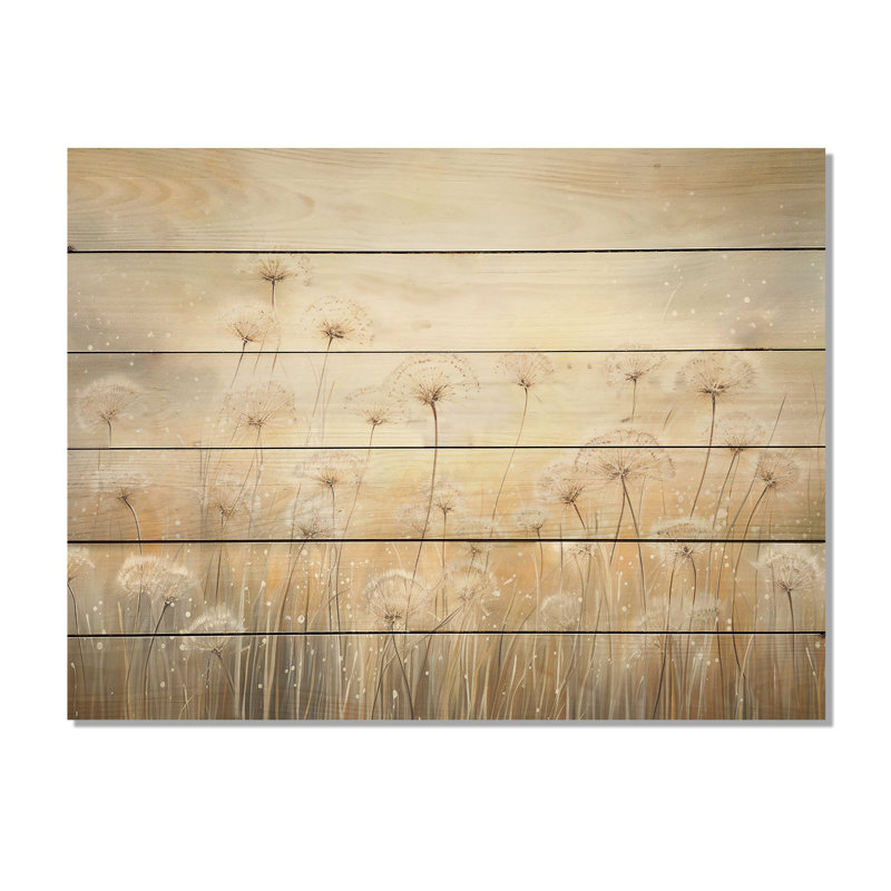 Dandelion Field Breeze - Flower Field Wood Wall Art On Natural Pine Wood, 30" H x 40" W