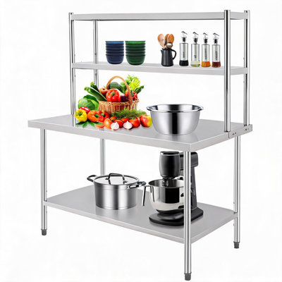 Table de travail robuste en acier inoxydable – étagère double réglable, table de préparation professionnelle peu encombrante pour restaurant, cuisine, garage, maison – 122 x 76 cm, hauteur totale 170 cm
