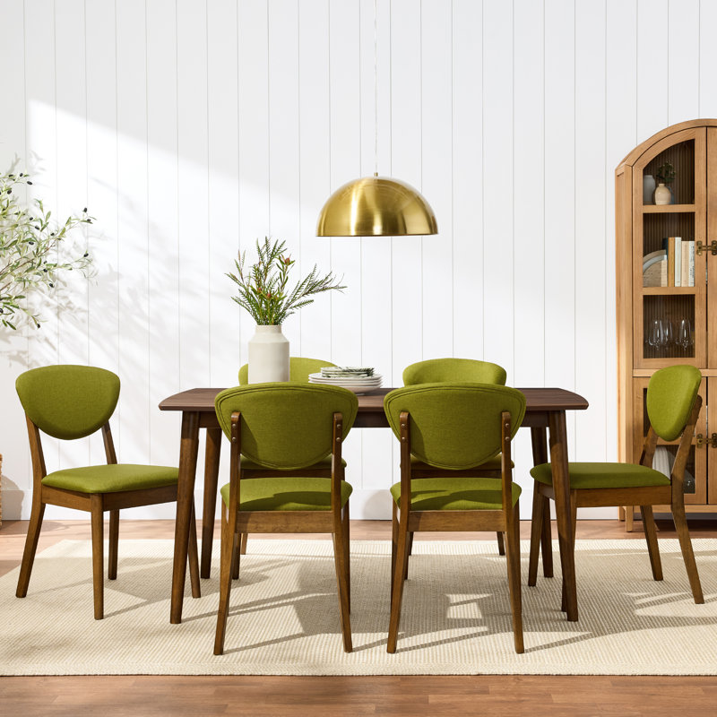 2-Piece Mid-Century Modern Wood & Upholstered Dining Chair Set, Walnut, Green