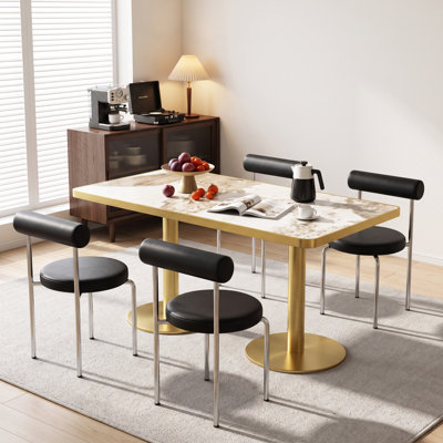 Table de salle à manger rectangulaire 47,24 "en faux marbre blanc moderne, table de bureau rectangulaire avec deux socles en or