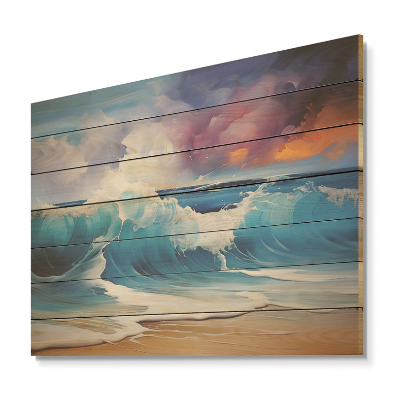 Shorline Waves Sunset I - vagues côtières sur bois, H 10 po x l 20 po x P 0,78 po