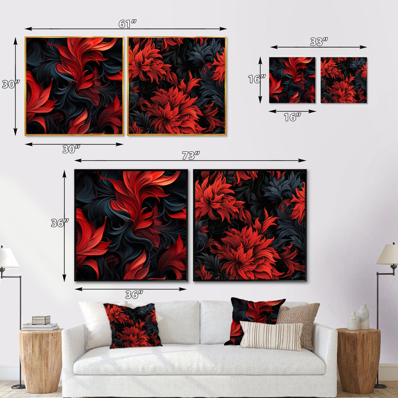 Ensemble de 2 collages carrés Woodbridge - Abstract Botanicals, Cadre flottant noir, H 16 po x l 33 po