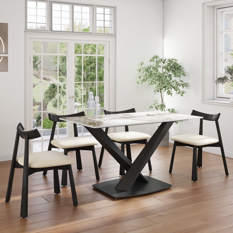 5-Piece Modern Rectangular Sintered Stone Dining Table Set With 4 Faux Leather Chairs, Beige/Black, Pandora