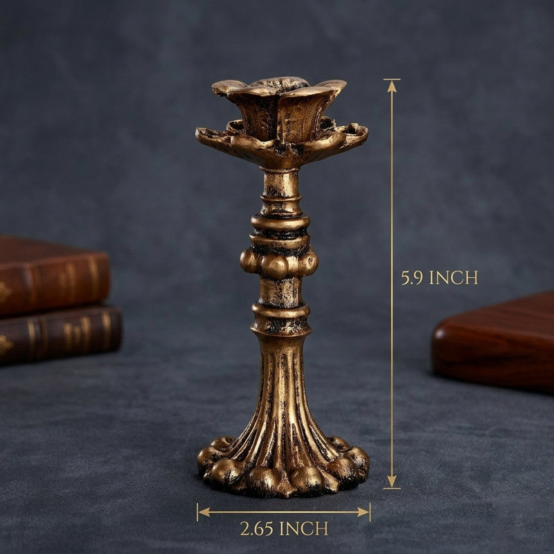 Traditional Vintage Gold Resin Taper Candle Holder, 1-Light Retro Pillar Candlestick for Dining Table & Mantel Decor