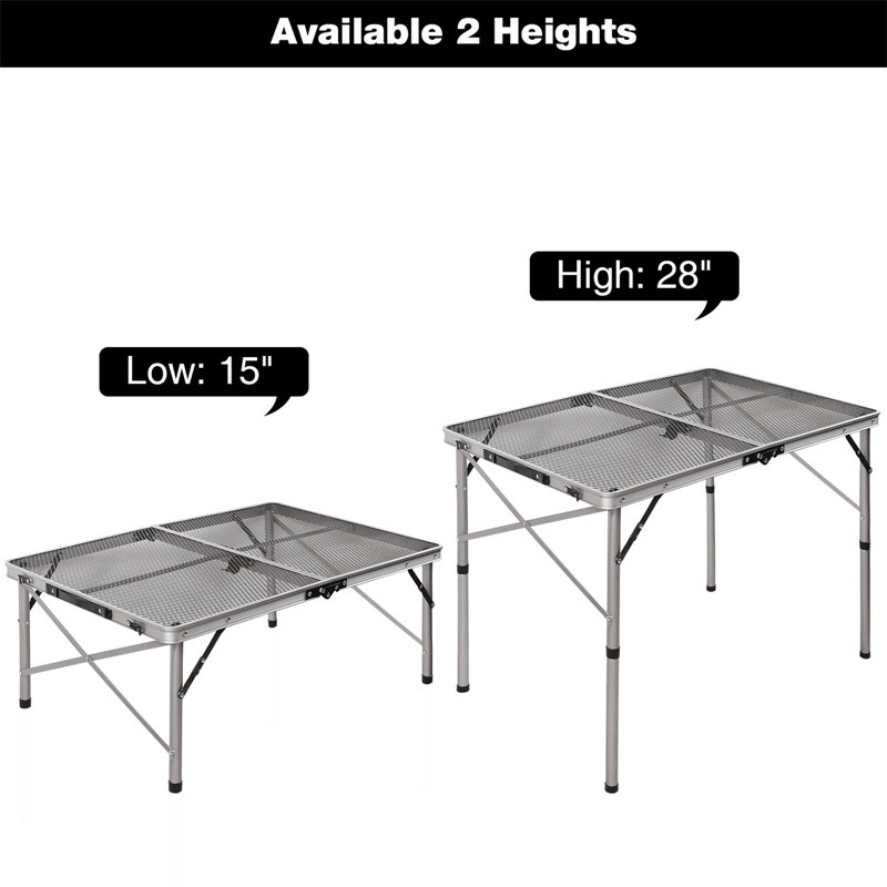 Table de barbecue pliante à hauteur réglable, plateau rectangulaire en maille et poignée de transport, Argent