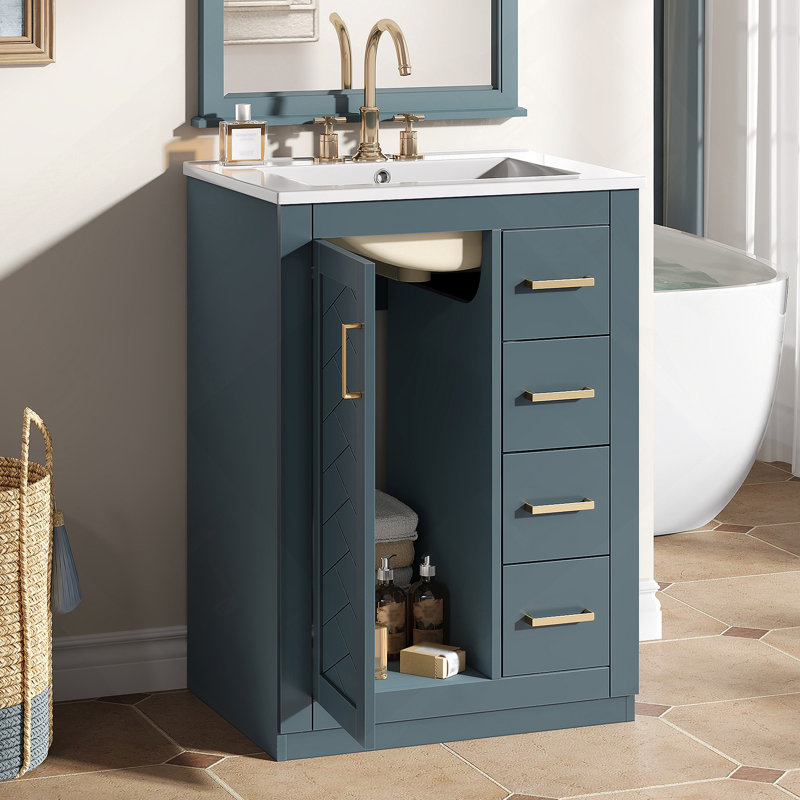 Meuble-lavabo bleu 24 po avec lavabo intégré en céramique, 3 tiroirs et 1 porte pour les petites et moyennes salles de bain