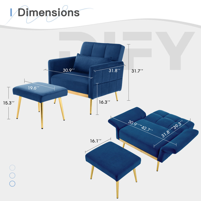 Chaise d'appoint avec repose-pieds, Velours bleu marine