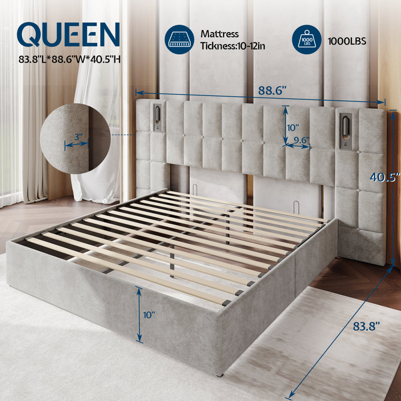  Upholstered Storage Bed with Wide Headboard & Built-in Lights, Gray, Queen