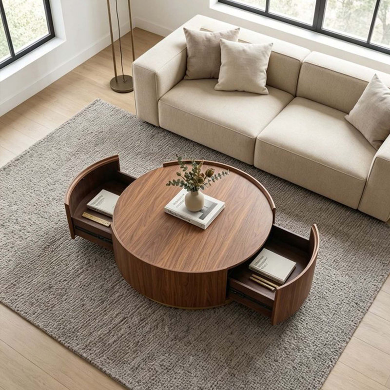 39.37'' Modern Round Coffee Table with 2 Hidden Storage Drawers