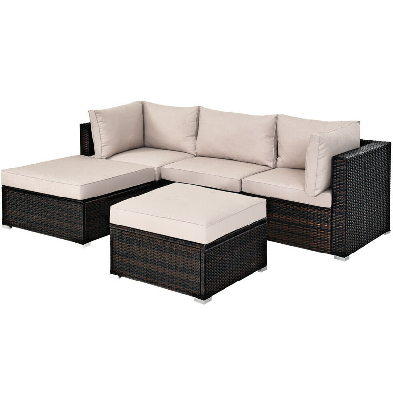 Ensemble de conversation modulaire en rotin pour l'extérieur avec coussins 5 pièces Averyon, Beige
