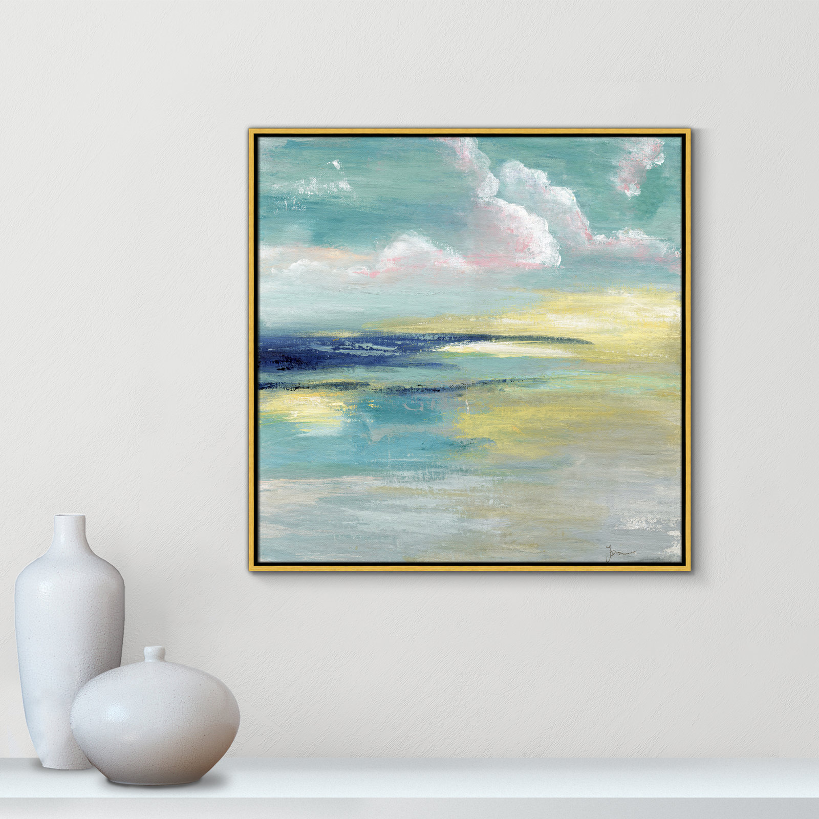 Bertie "Ocean View" Painting by Tava Studios, 31.5" H x 31.5" W x 2" D, Gold Framed Canvas