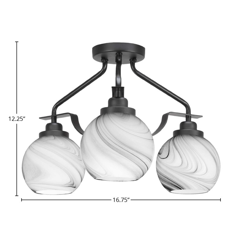 Luminaire semi-encastré 3 lumières Neviah au fini noir mat avec verre tourbillon onyx de 5,75 po