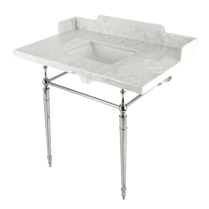 Kingston Brass Habsburg 36-Inch Carrara Marble Console Sink with Brass Legs (8-Inch, 3-Hole), Marble White/Polished Nickel