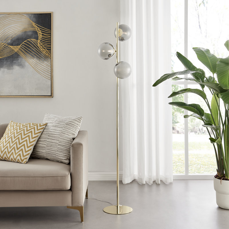 Anjae Triple Light Floor Lamp - Frosted Glass and Polished Metal Chic Living Room Light