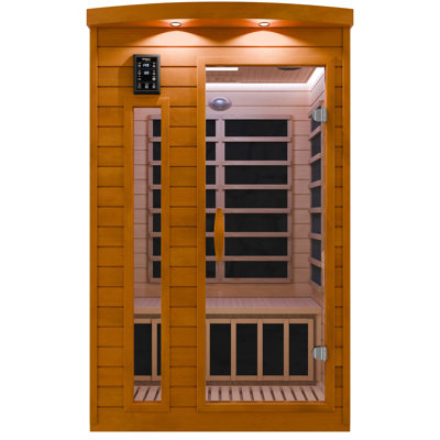 2-Person Indoor Cabin Sauna In Hemlock With Infrared Heating Panels, Tempered Glass Door, And Chromotherapy Lighting