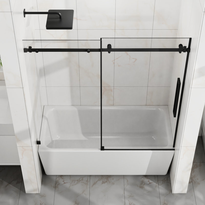 Porte de douche coulissante moderne de 60 po x H 58 po pour la salle de bain, verre trempé de 6 mm avec revêtement facile à nettoyer, technologie anti-éclaboussures, installation réversible, baignoire noire matte, verre transparent épais,