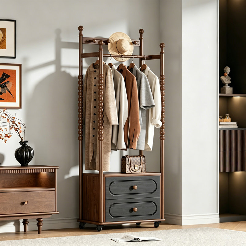 Ash Wood Freestanding Entryway Coat Rack, Brown/Black
