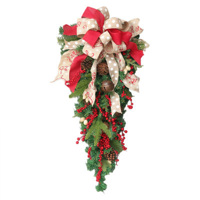 Handcrafted Christmas Door Swag with Red Berries, Pine Branches and Ribbon Bow, Traditional Holiday Hanging Decoration
