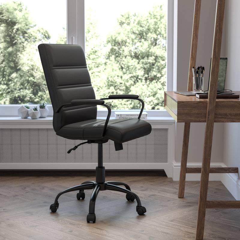 Whitney Ergonomic Upholstered Mid-Back Swivel Office Chair, Black Faux Leather, Black