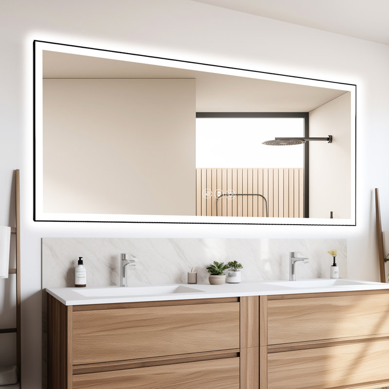 Miroir de salle de bain 84 x 32 pouces à DEL, luminosité réglable intelligente, 3 températures de couleur, brouillard intégré, contrôle de l'interrupteur mural, DEL longue durée, miroir en verre trempé de 5 mm