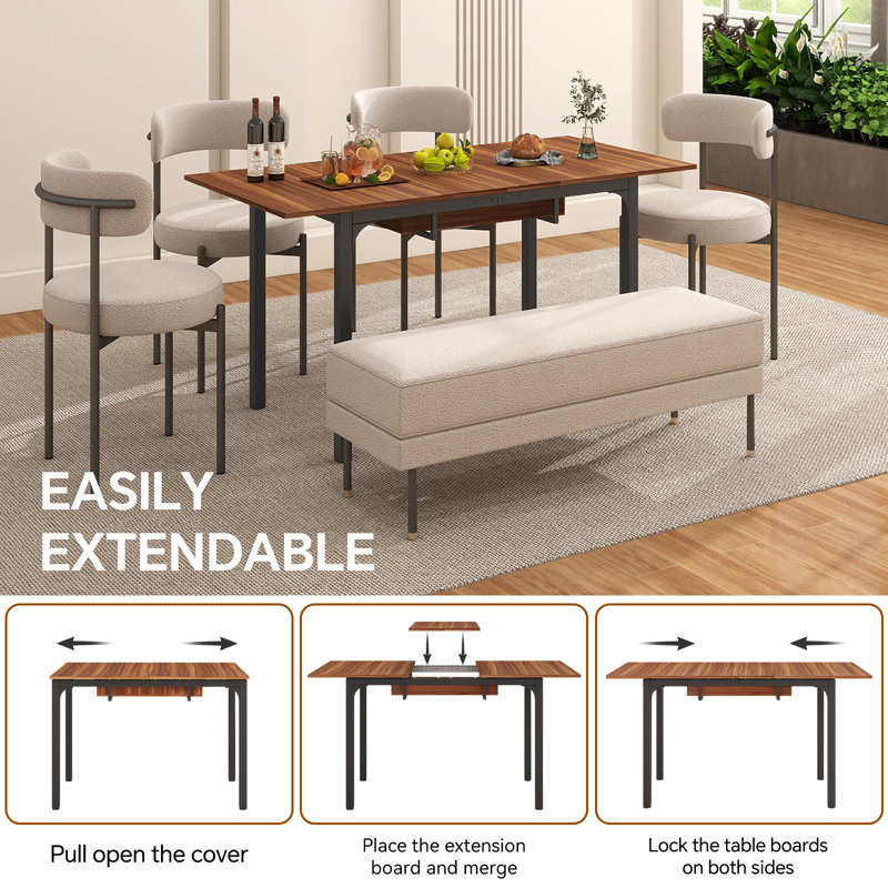 Extendable Antke Dining Table With 110-150cm Tabletop, Kitchen Wood Desk With 4-8 Seats, Space Saving, Brown