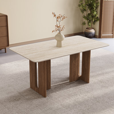 55''Beige Sintered Stone Dining Table for 4, Rectangle Dining Table with Double Brown Legs Mid Century Modern Kitchen Table
