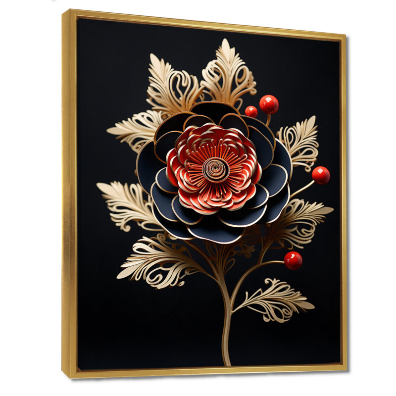 Red Glam Peony Golden Leaves - impression d'art mural pivoine, Cadre flottant doré, bois massif, H 32 po x l 24 po x P 1 po