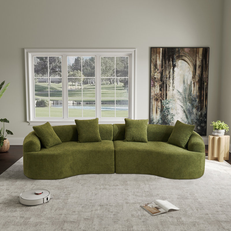 Chenille Boneless Curved Sofa, Left-right Symmetrical Design, Luxurious 4-seater Living Room Sofa, Green