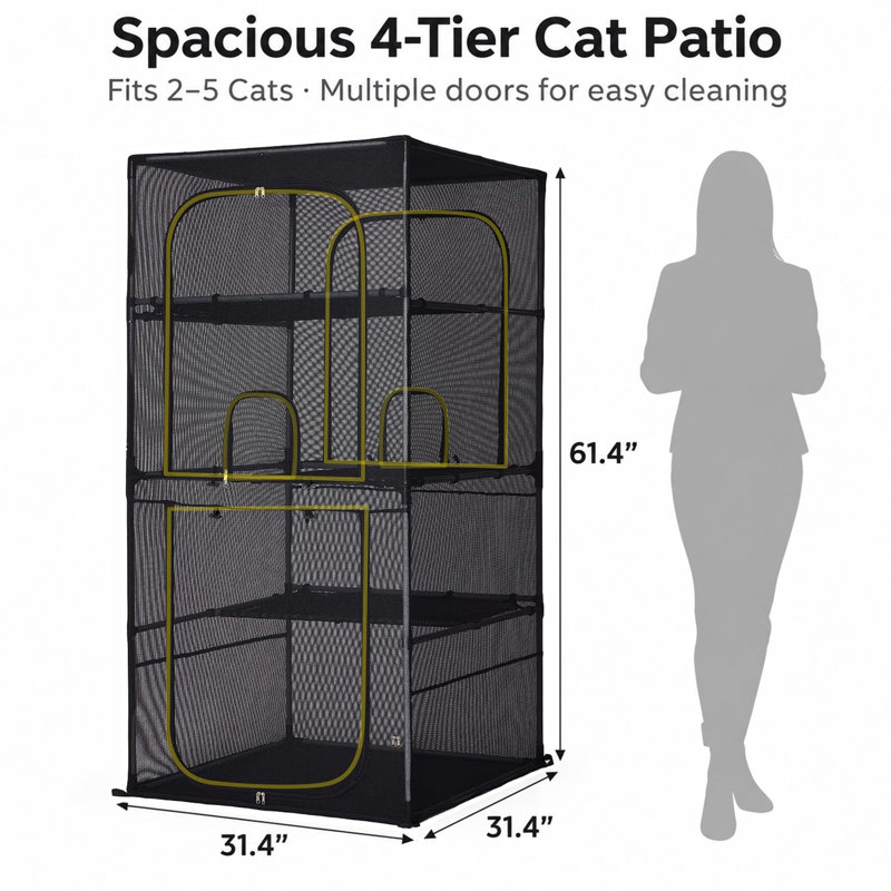 Catio extérieur 61,5 po H 4 niveaux avec 5 portes d'accès, plateformes et toit imperméable