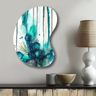 Tropical Turquoise Joyfulness V - Abstract Liquid Ink Boom Shape - Assymterical Metal Wall Art