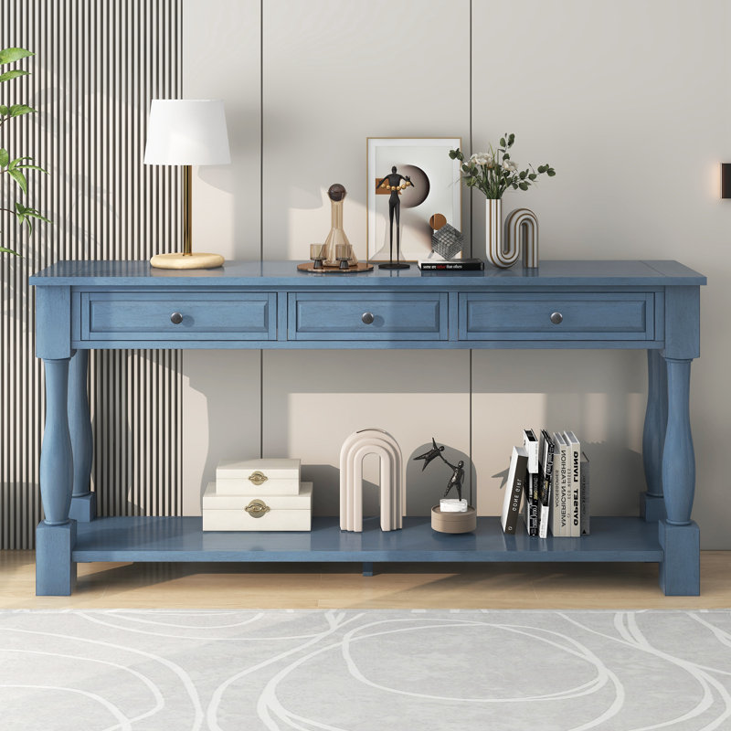 Aiyonna 63" Console Table,Entryway Table,Sofa Table with 3 functional drawers and a bottom shelf, Navy