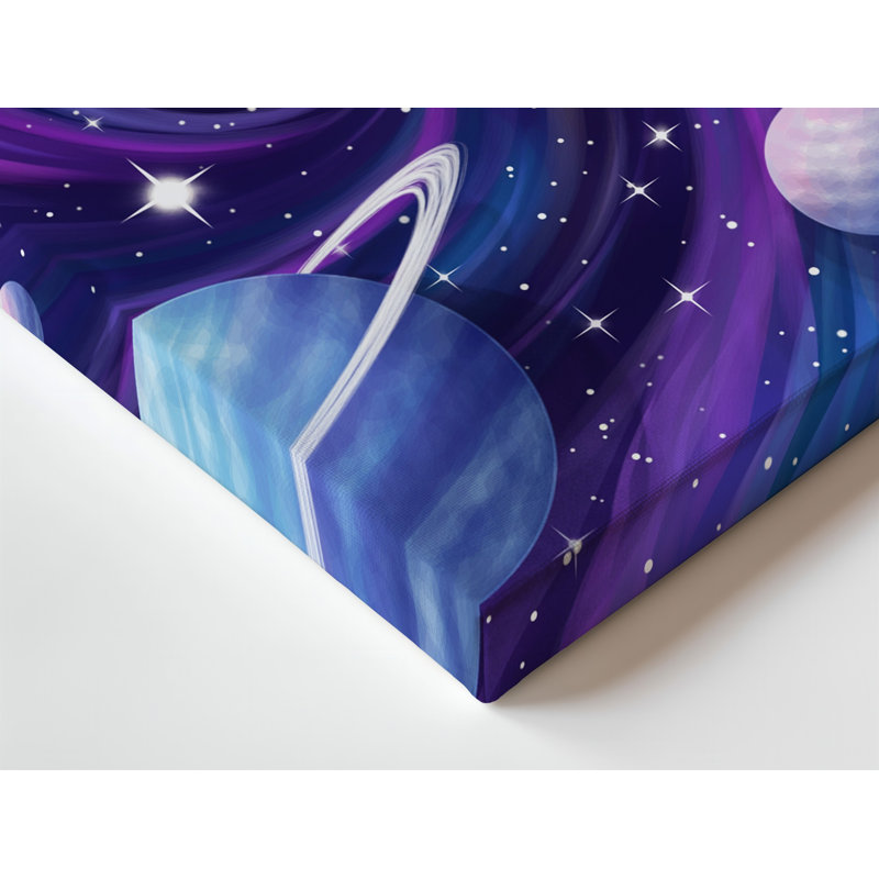 Toile dans une vaste étendue cosmique, un trou noir tourbillonnant domine l'art mural, la scène, son bord circulaire clairement défini et illuminé par la toile