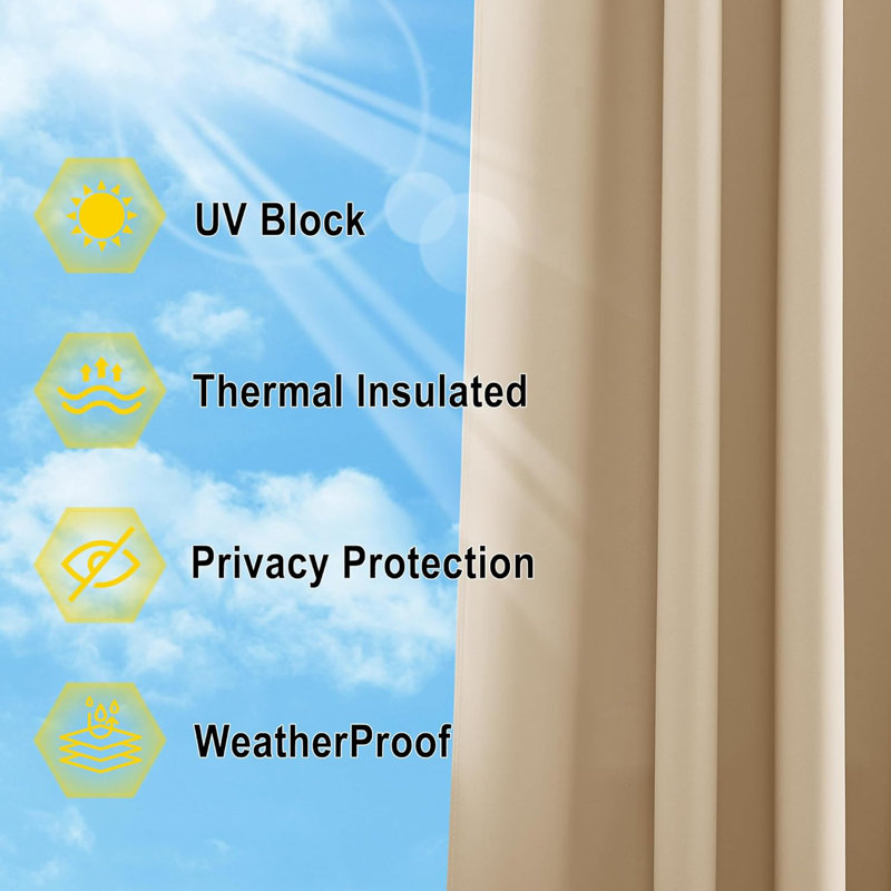 2 Panels Outdoor Curtains for Patio Waterproof, Thermal Insulated Detachable Sticky Tab Top Room Darkening Great Vertical Drape Outdoor Divider for Pergola