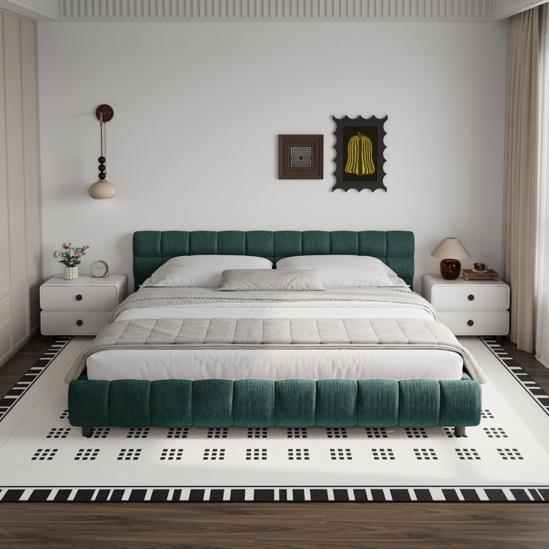 Structure de lit en chenille avec tête de lit et tiroir, Vert bleuté, Très grand