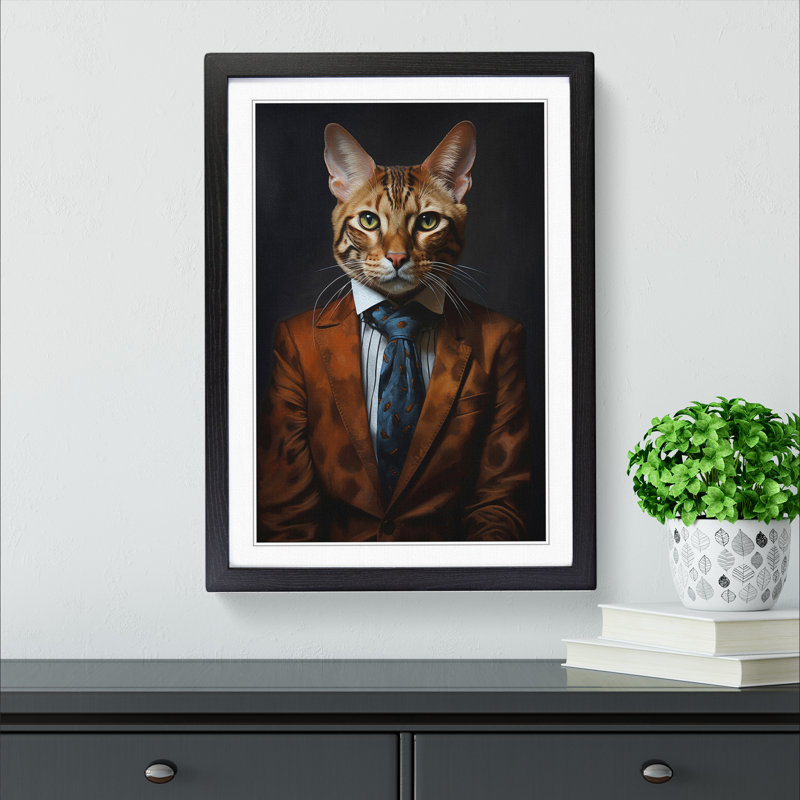 Bengal Cat In A Suit Painting No.2 - Single Picture Frame Print on Wood, Black Framed, 64cm H x 46cm W x 2cm D