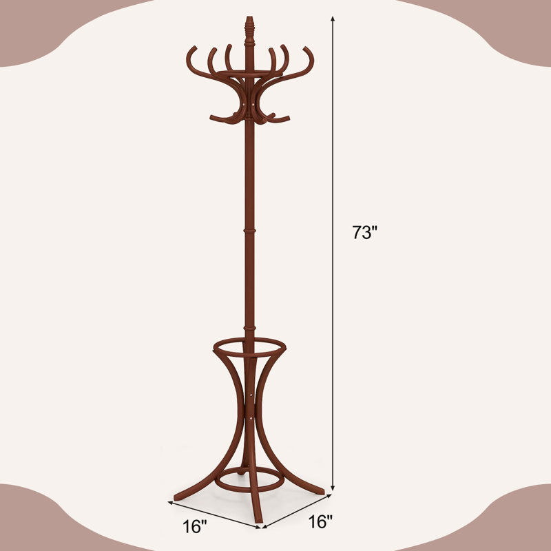 Portemanteau autoportant, portemanteau en bois avec 12 crochets et porte-parapluies, portemanteau d'entrée, organisateur de porte-chapeaux, portemanteau pour manteaux, chapeaux, foulards, assemblage facile (brun rougeâtre)