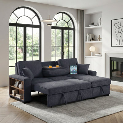 91" Multi-Functional Chenille Corner Sectional - With Side Bookcase And USB Charging Port by Ebern Designs