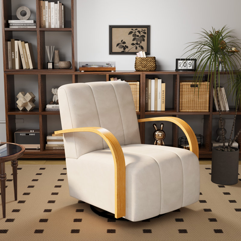 Fauteuil rembourré pivotant avec accoudoirs en bois massif, Beige