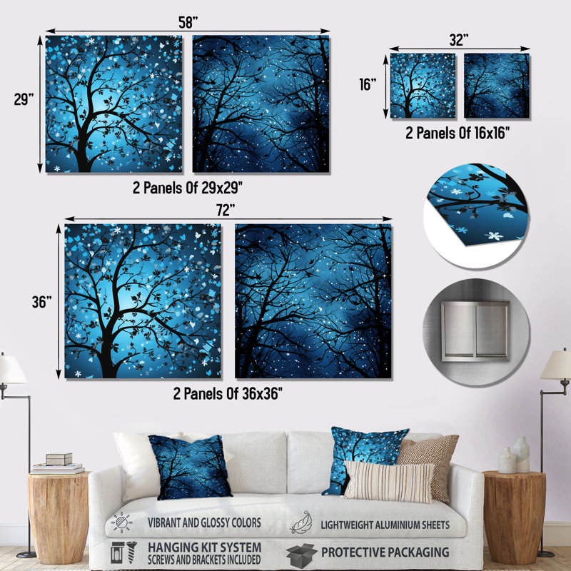 Arbre de lune bleu Revery I - ensemble de 2 décorations murales carrées en métal, H 16 po x l 32 po