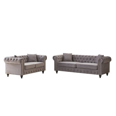Velours gris à 5 places avec structure en pin massif et 4 coussins confortables pour appartement, accoudoirs roulés, pieds en bois brun