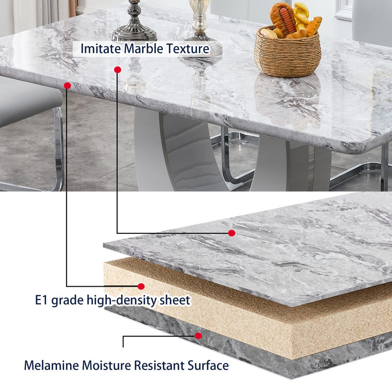 7 Piece - Marbled Dining Table Set, Black/Silver